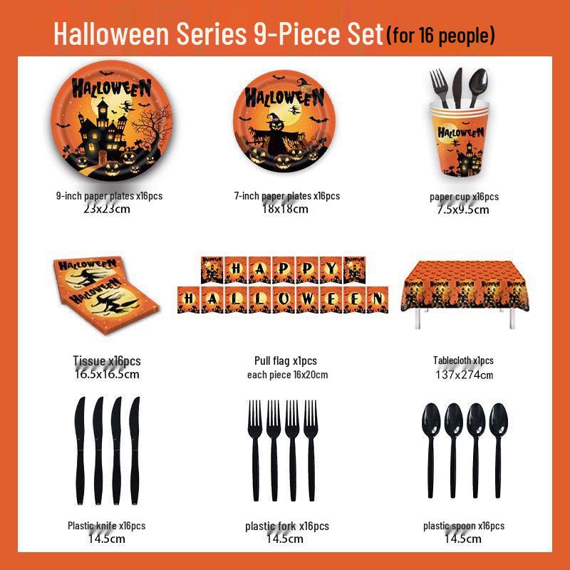 Halloween Party Tableware Set: Plates, Banner, Balloons & Tablecloth