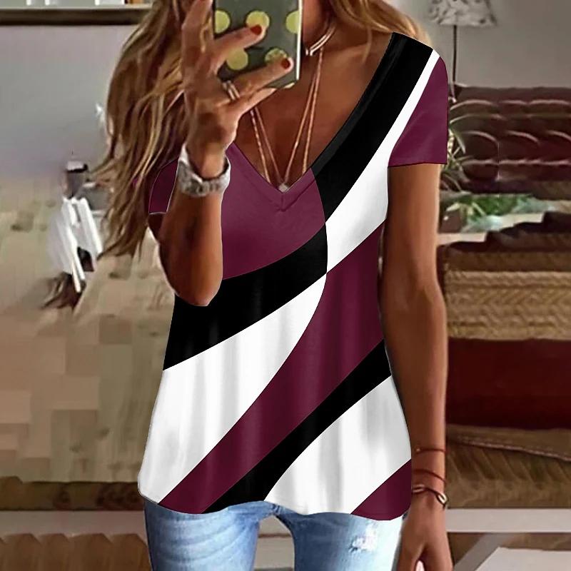 Summer V-neck 3D Printed Top Fashionable Casual Short Sleeved Women's T-shirts