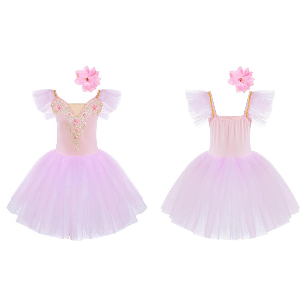 Girls Princess Tutu Dress with Flying Sleeves & Lace Flower Decor, Adjustable Spaghetti Straps, Mesh Skirt + Headdress for Dance Party