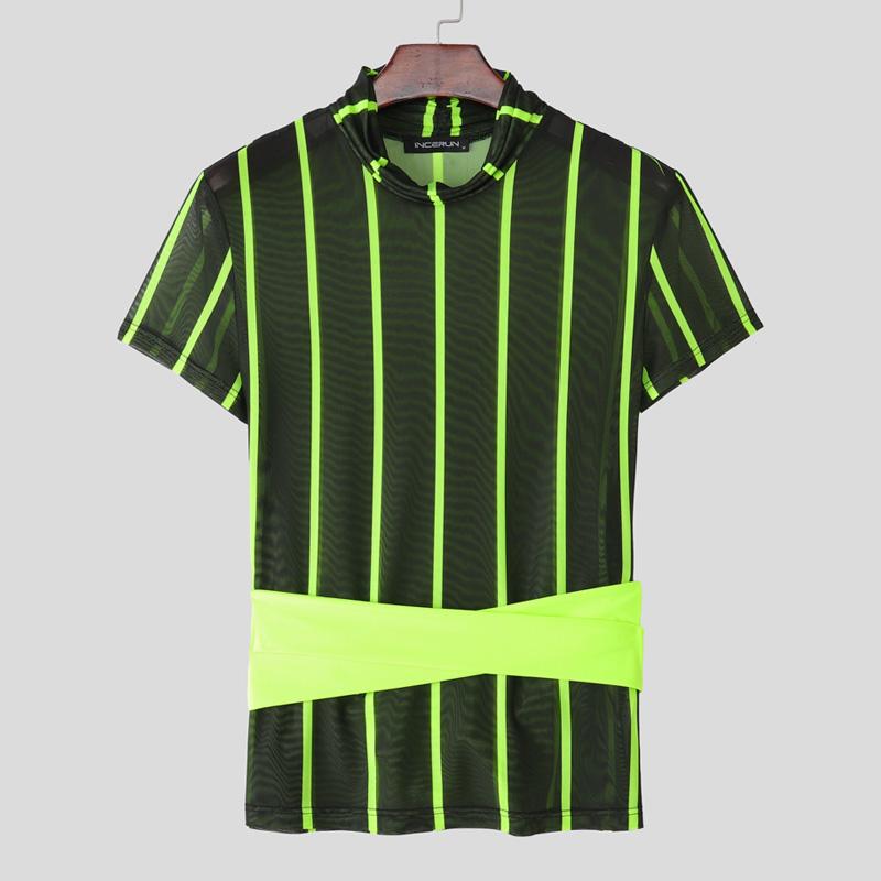 

INCERUN Мужские футболки с коротким рукавом, сетчатые, прозрачные, пэчворк, в полоску, для вечеринок, клубные, топы 5XL зелёный