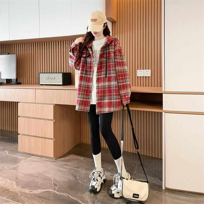 Women's Retro Plaid Hooded Shirt Jacket, Winter 2025, Plus Velvet, Thick, Mid-Length, Cozy Style, Age-Defying