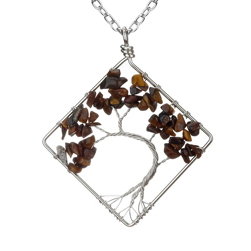Wrapped Colorful Natural Stone Crystal Square Curved Tree Of Life Pendant Necklace N08 Fresh And Sweet