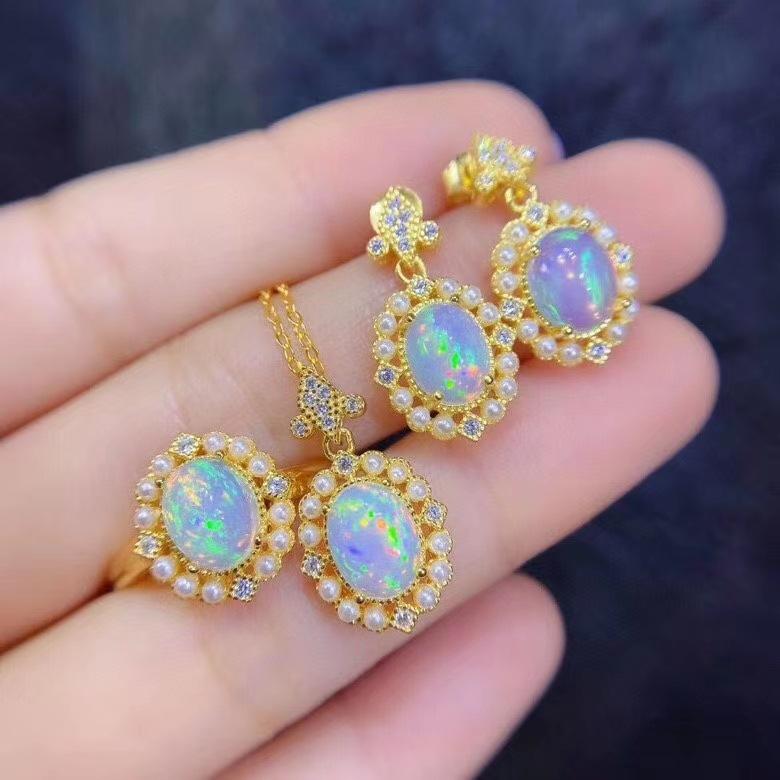 Imitation Natural Opal Ring, Luxury Temperament Colored Treasure Pendant Jewelry Set, Stud Earrings Necklace.