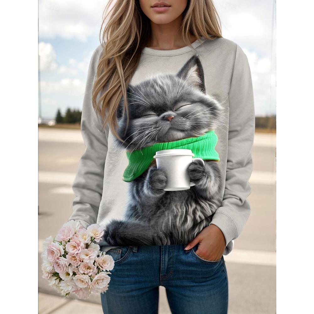 Fashion Women's Cute Cat Graphic Sweatshirts 3D Print O-Neck Long Sleeve Tops Women's Apparel Y2K Streetwears Fall Pullover