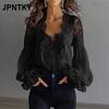 JPNTKY Women's Fashion Casual Solid Color Print Long Sleeve V-Neck Blouses & Shirts