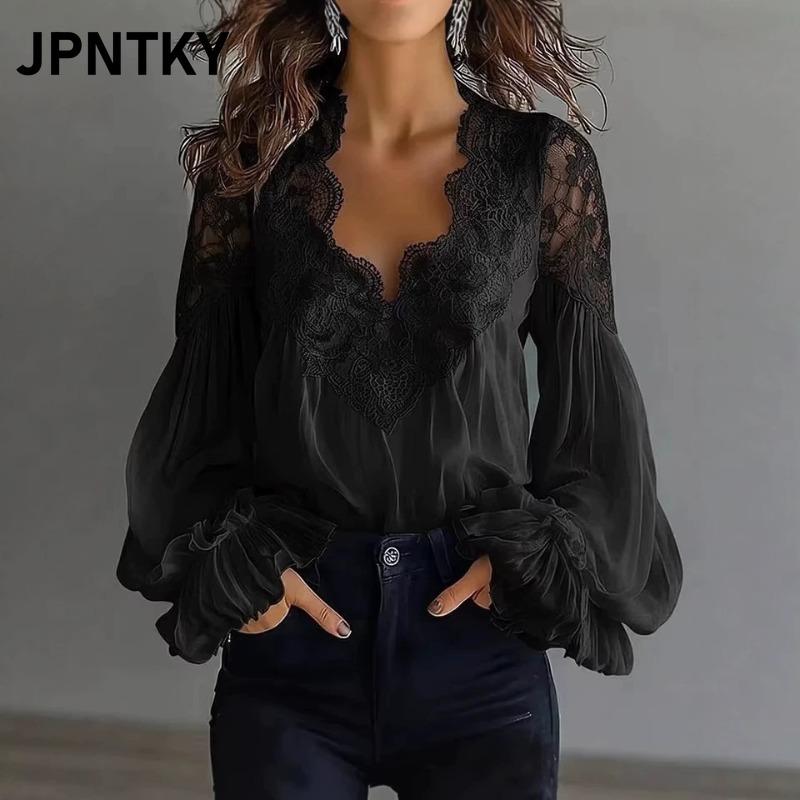 JPNTKY Women's Fashion Casual Solid Color Print Long Sleeve V-Neck Blouses & Shirts