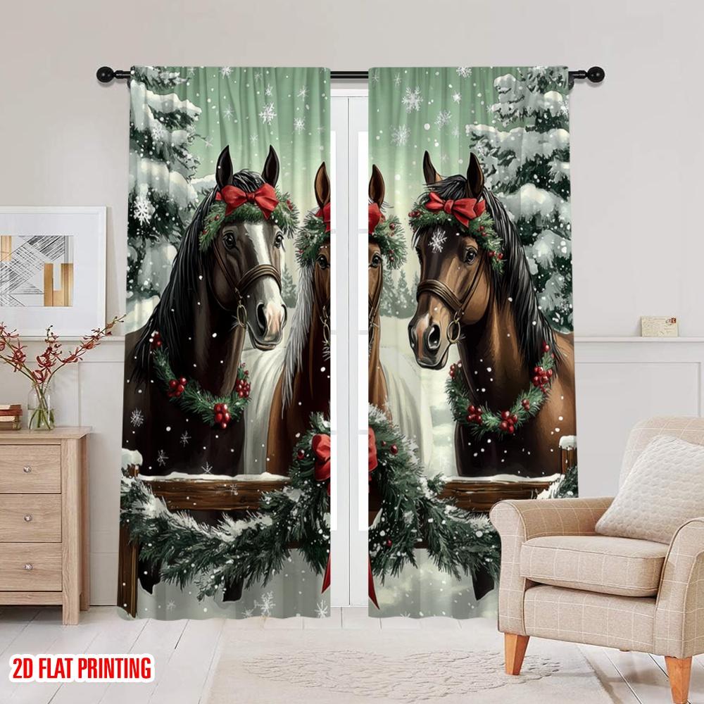 2pcs,2D Plane Printing Curtains Digital Printed Festive Horses Versatile 100% Polyester (without Rod) Decorations For Home Use