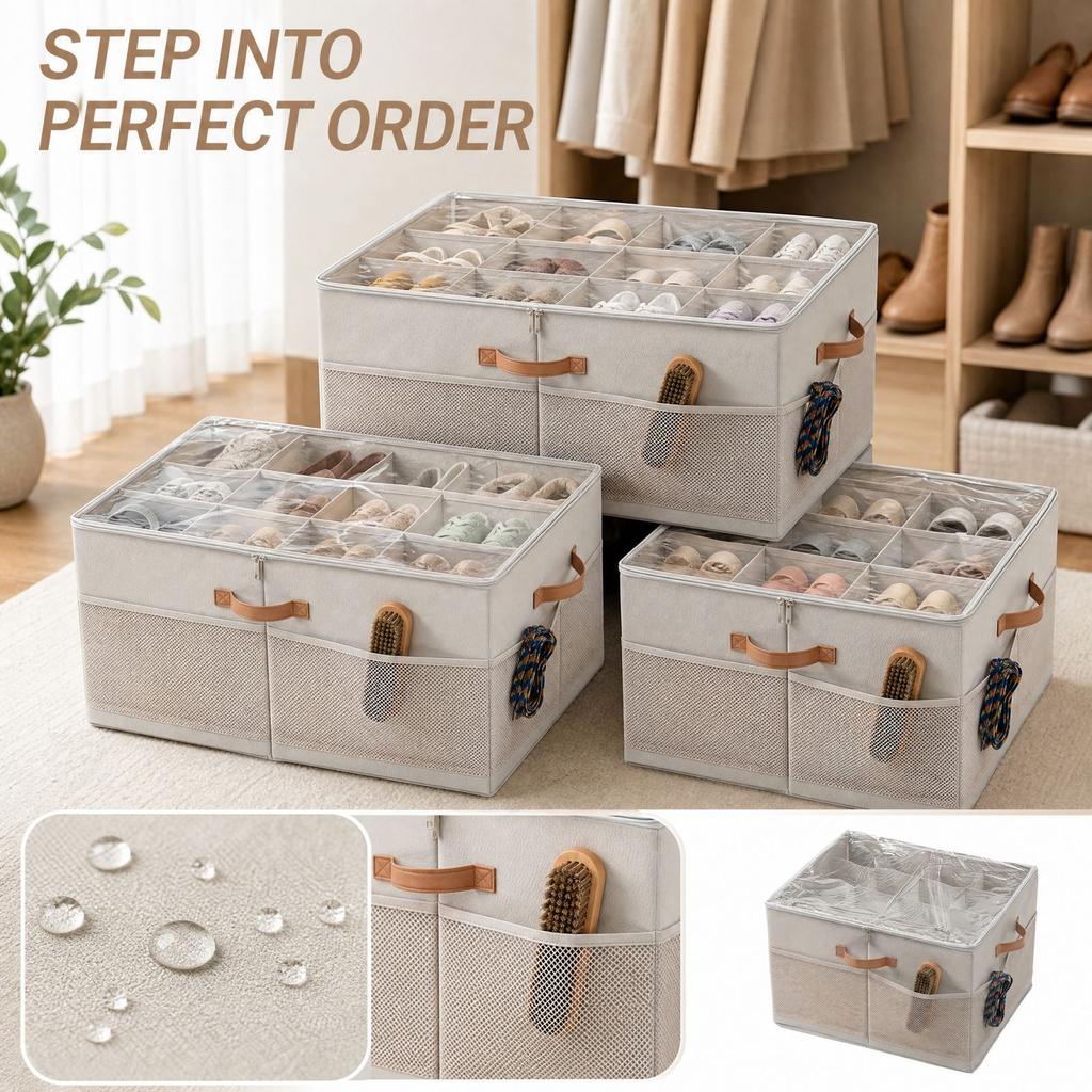 Shoe Box with 12/16/20 Grids, Large Capacity Slipper and Shoe Storage Container for Closet, Home