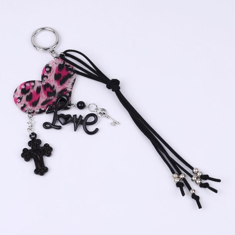 Cute Bag Charm Pendant Keyring Heart Key Crosses Braided Rope Keychain Bag Charm for Backpack Purse Handbag Decoration