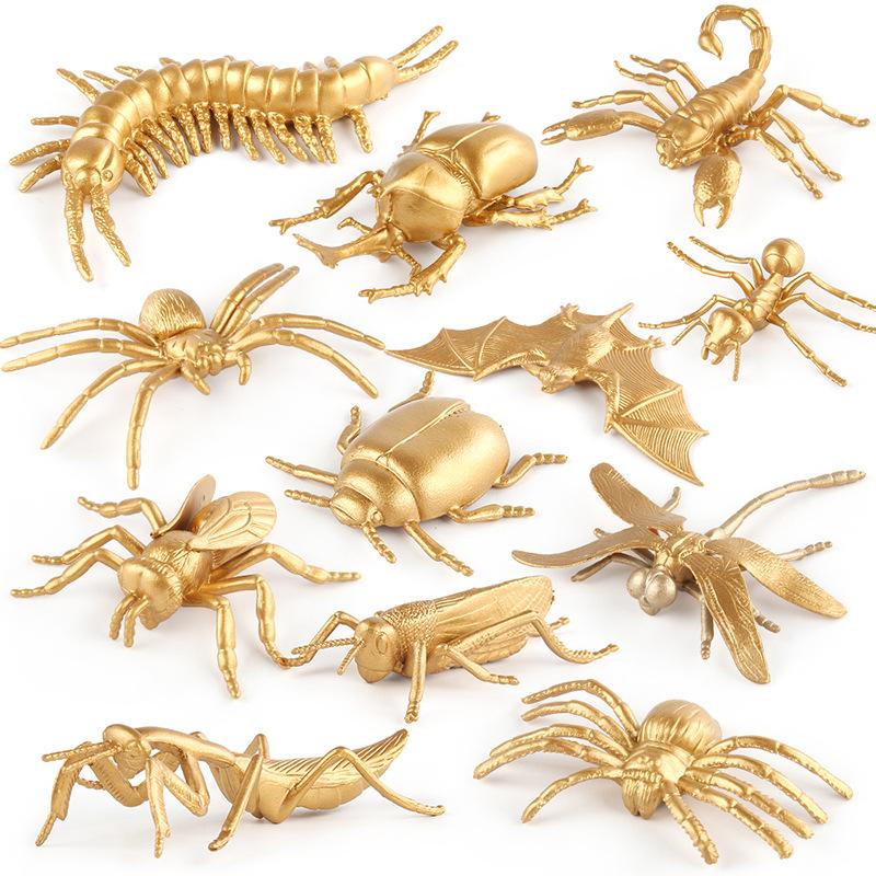 Simulation Poultry Animal Model Gold Edition Mini Chicken Duck Goose Dragonfly Lizard Insect Set Toy