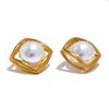 Yhpup 7g/pair Stylish Simulated Pearl Round Square Hollow Stud Earrings Korean Style Stainless Steel Daily Jewelry Gift