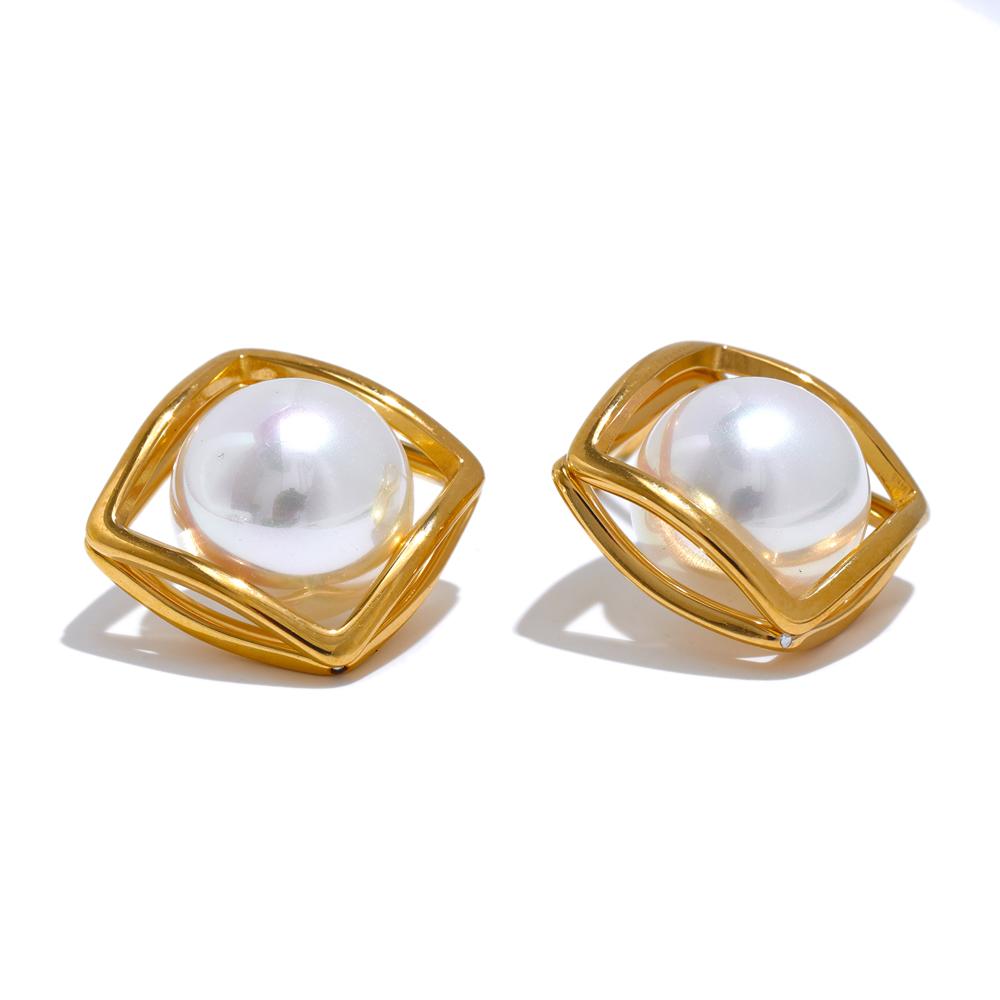 Yhpup 7g/pair Stylish Simulated Pearl Round Square Hollow Stud Earrings Korean Style Stainless Steel Daily Jewelry Gift