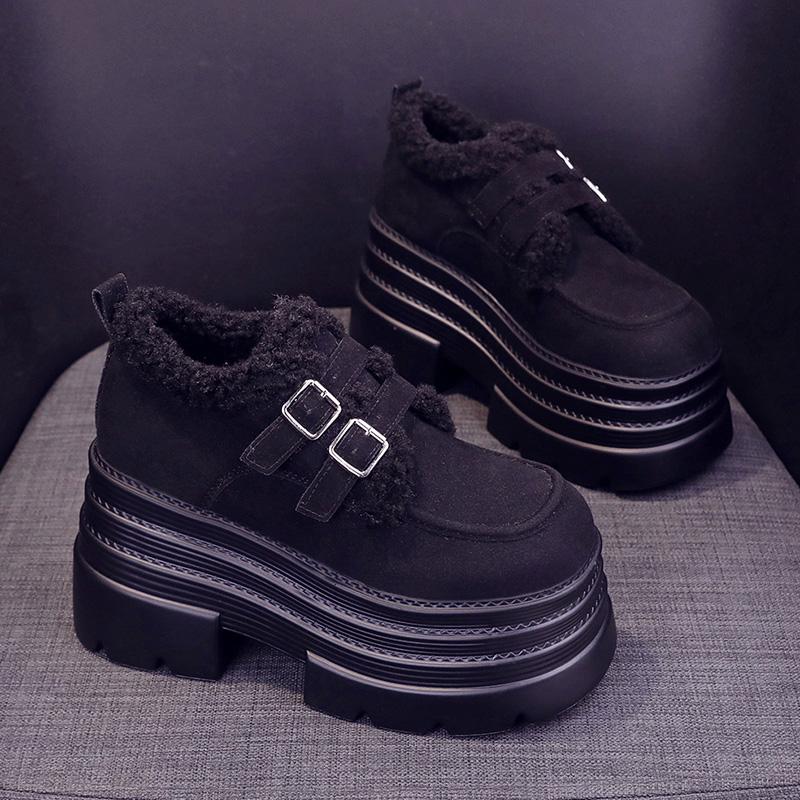 

Мода 10 см Замша Коровья Натуральная Кожа Мода Платформа Танкетка Зима Плюшевые Осень Сапоги Весна Женские Ботильоны Обувь Труба 34 чёрный