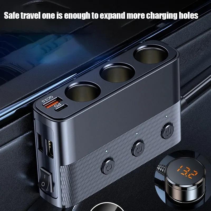 128W Car Charger Splitter Multi Ports PD30W QC3.0 Cigarette Lighter Adapter Car Cigarette Lighter Socket Splitter with Switch