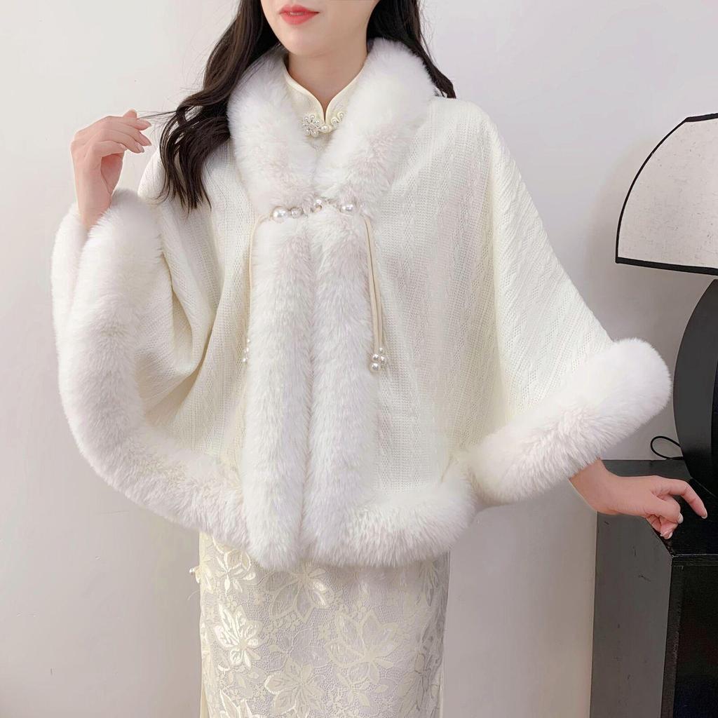Small Cape Shawl Jacket Women'S Short Printed Velvet Thickened Rex Rabbit Hair Collar Sleeveless Cheongsam Wedding Dress