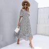 Vestido Casual de Verão Feminino Floral Cintura Alta Manga Curta Irregular Longo Decote Assimétrico S-XL