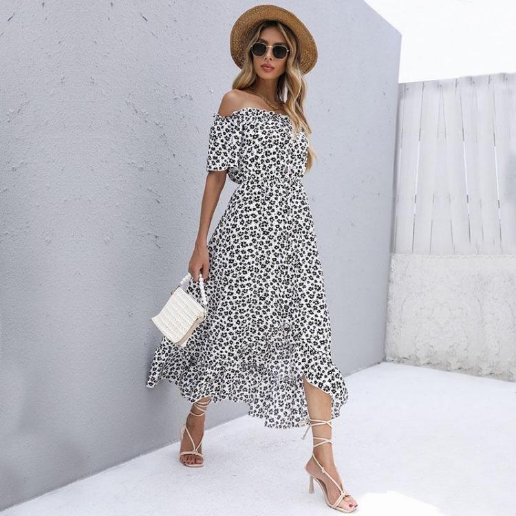 Vestido Casual de Verão Feminino Floral Cintura Alta Manga Curta Irregular Longo Decote Assimétrico S-XL