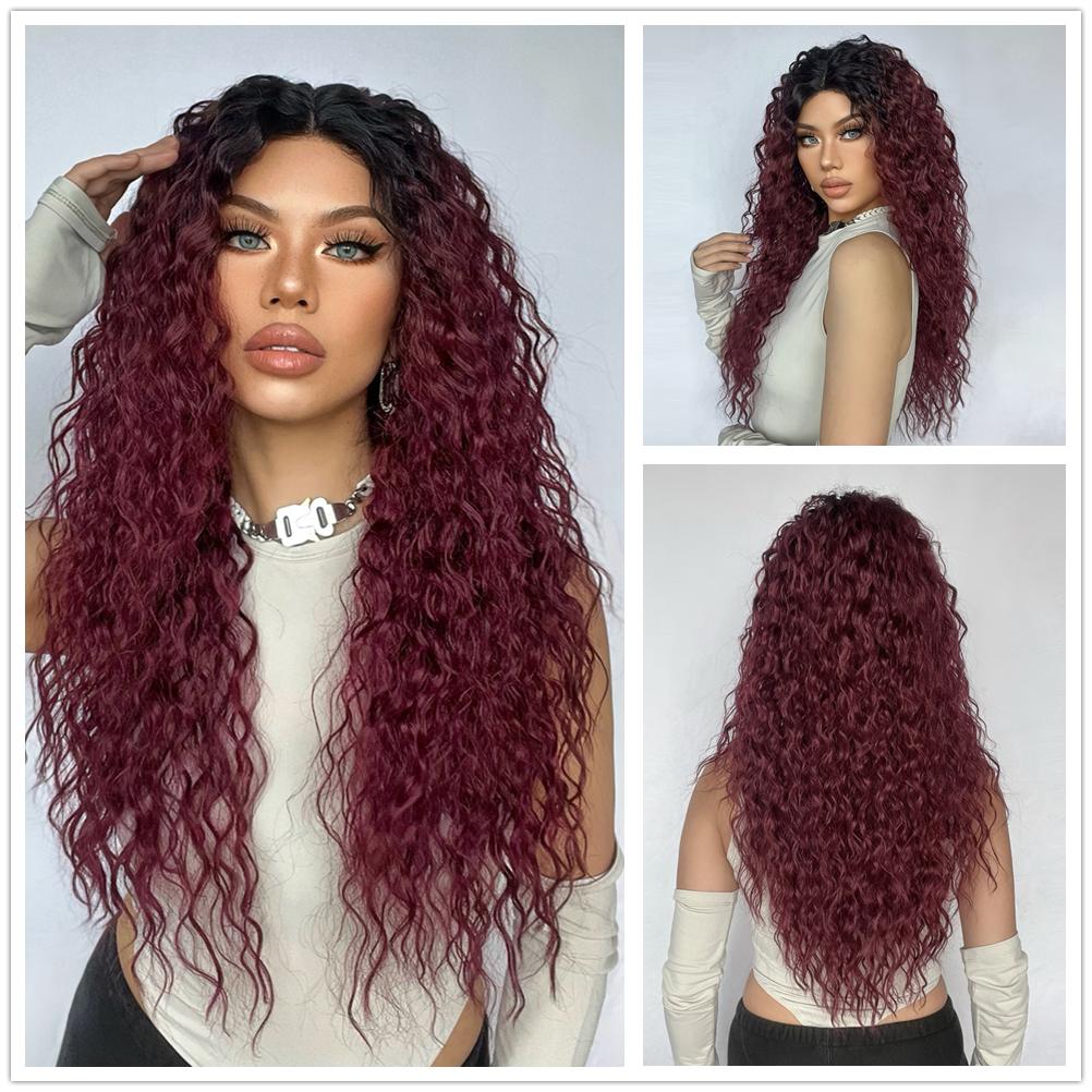 ALAN EATON Long13x4x1 Lace Synthetic Wigs Brown Highlight Golden Curly Wig for Black Women Natural High Density Daily Use