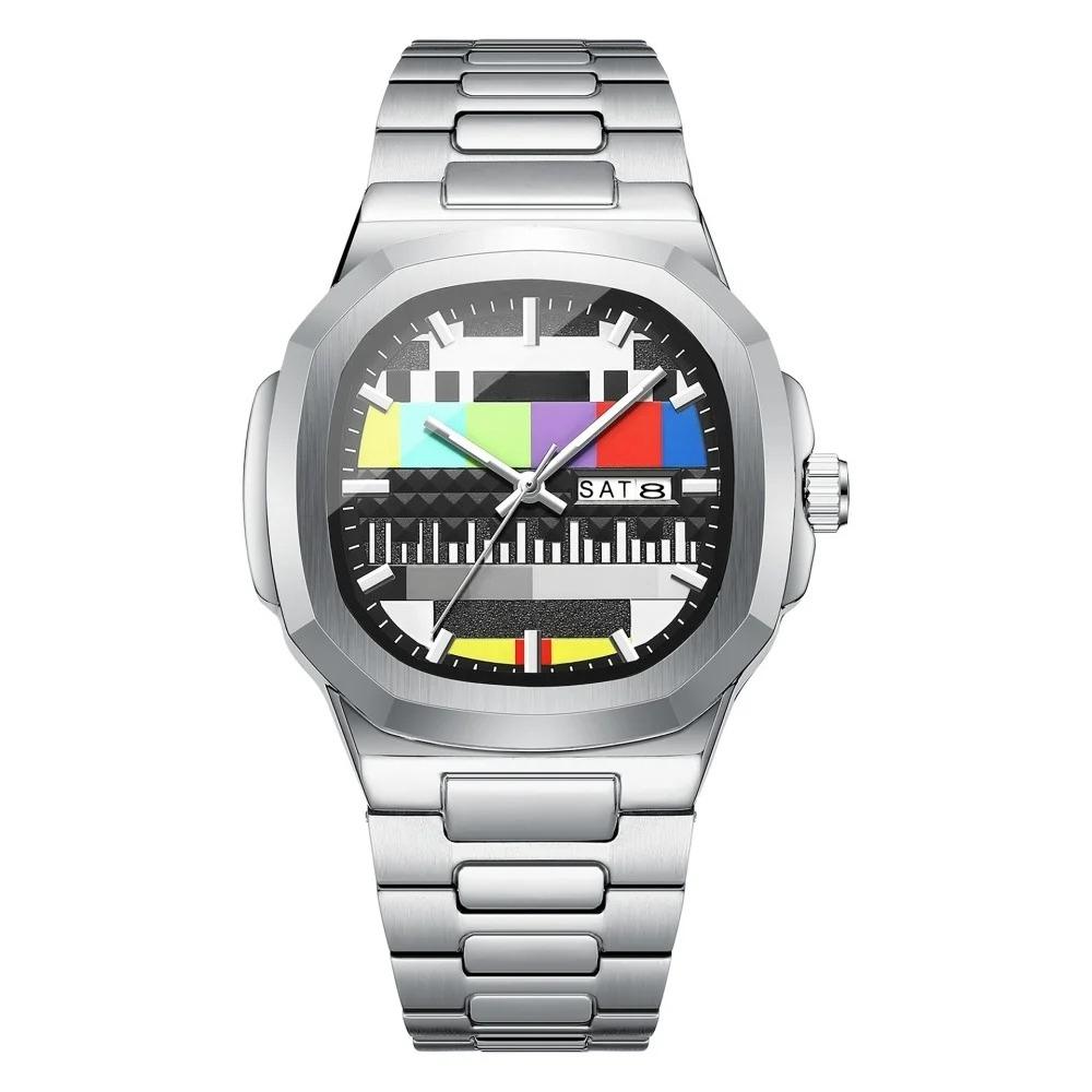 

Креативні годинники з циферблатом телевізора Ретро дизайн Люмінесцентний кварцовий наручний годинник для чоловіка Годинник з календарем та індикатором тижня срібний