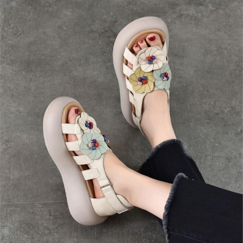 Johnature Retro Genuine Leather Flower Flat Platform Sandals Versatile Soft Soled Women's Shoes