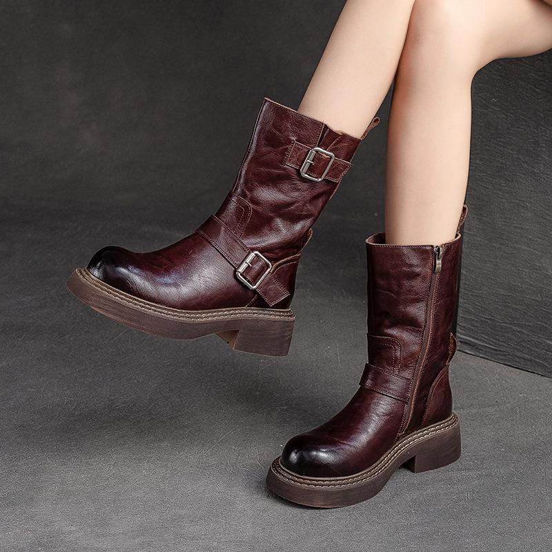 GKTINOO Handmade Mid-calf Boots Platform Women Genuine Leather Short Boots Round Toe Height Increasing Thick Sole Ladies Shoes