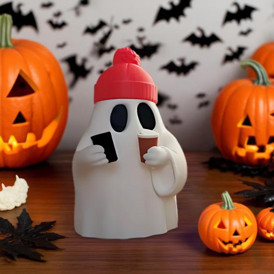 Halloween Ghost Figurine Cute Ghost Holding Phone And Cup Statue Small Ghost Tabletop Ornament for Halloween Home Decor