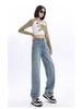 Women's Spring Fashion Light Blue Fleece-Lined High-Waisted Wide-Leg Jeans - Slimming, Loose, Straight-Leg Pants