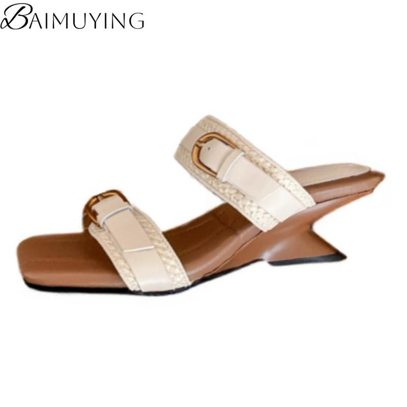 Fashion Square Toe Women Slippers Weave Sandals Loafers High Heels Shoes Woman 2025 Trend Summer Beach Casual Pumps Shallow Slides Mujer