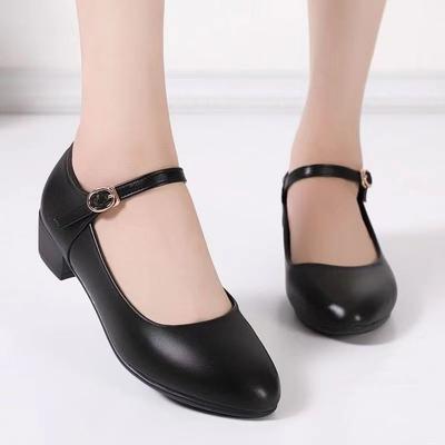Soft Soles Are Not Tired, Single Shoes, One-word Buckle, Medium Heel Leather Shoes, New Thick Heel Dancing Shoes
