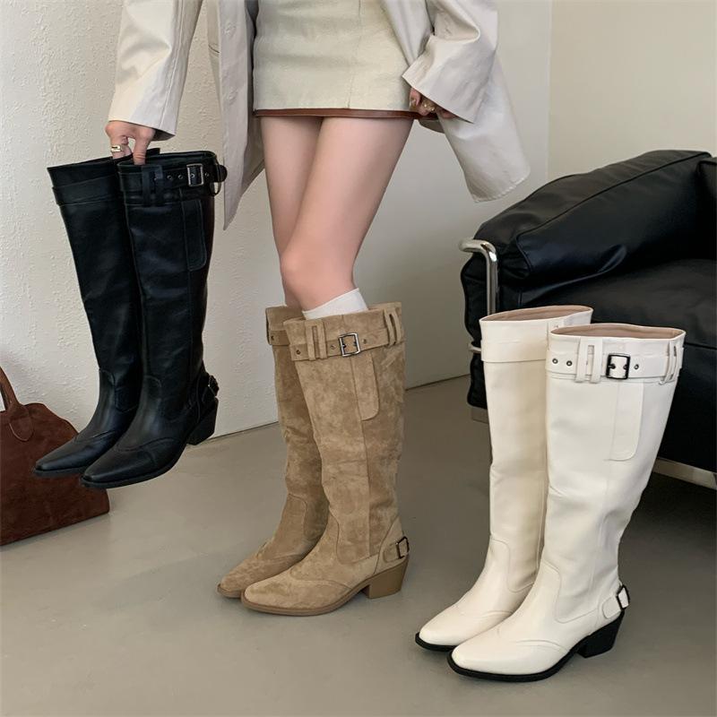 Women with Big Tube Circumference Boots 2025 Autumn and Winter Look Thin But Knee Long Boots Pointed Thick Heel Belt Buckle Pile Boots Women