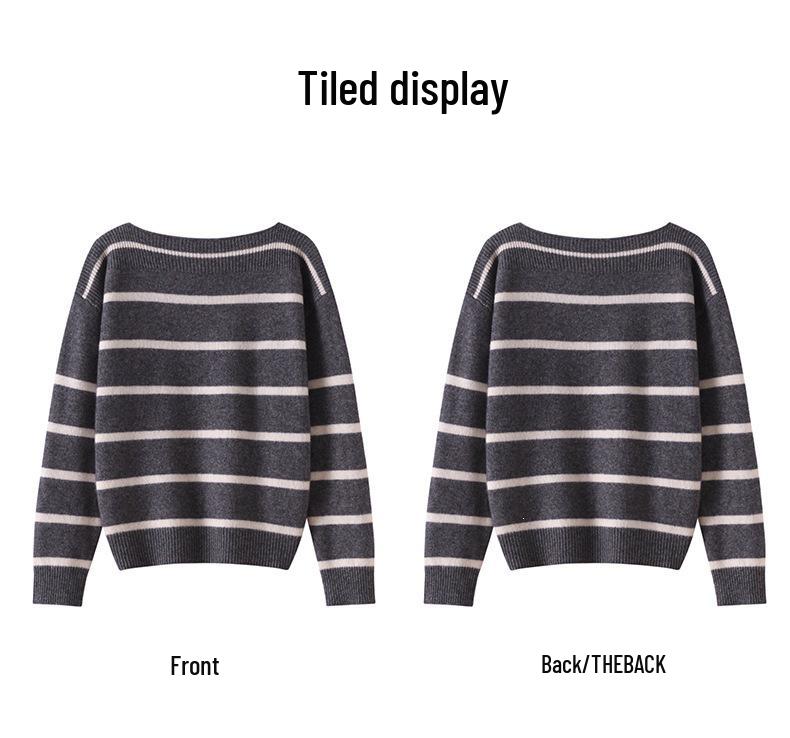 Women's One-Shoulder Striped Cashmere Sweater - Korean Style, Loose Fit Knitwear Top