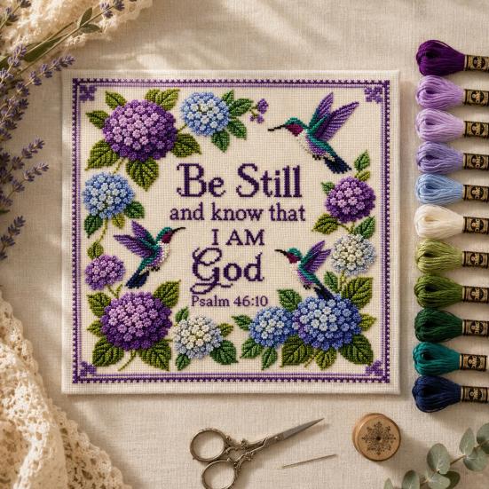 Kolibri Hortensia Broderikit, Kolibri Trädgård Tro Korsstygnskit, DIY Broderikit med Stämplat Tyg med Psalt, Nybörjare Handstygn
