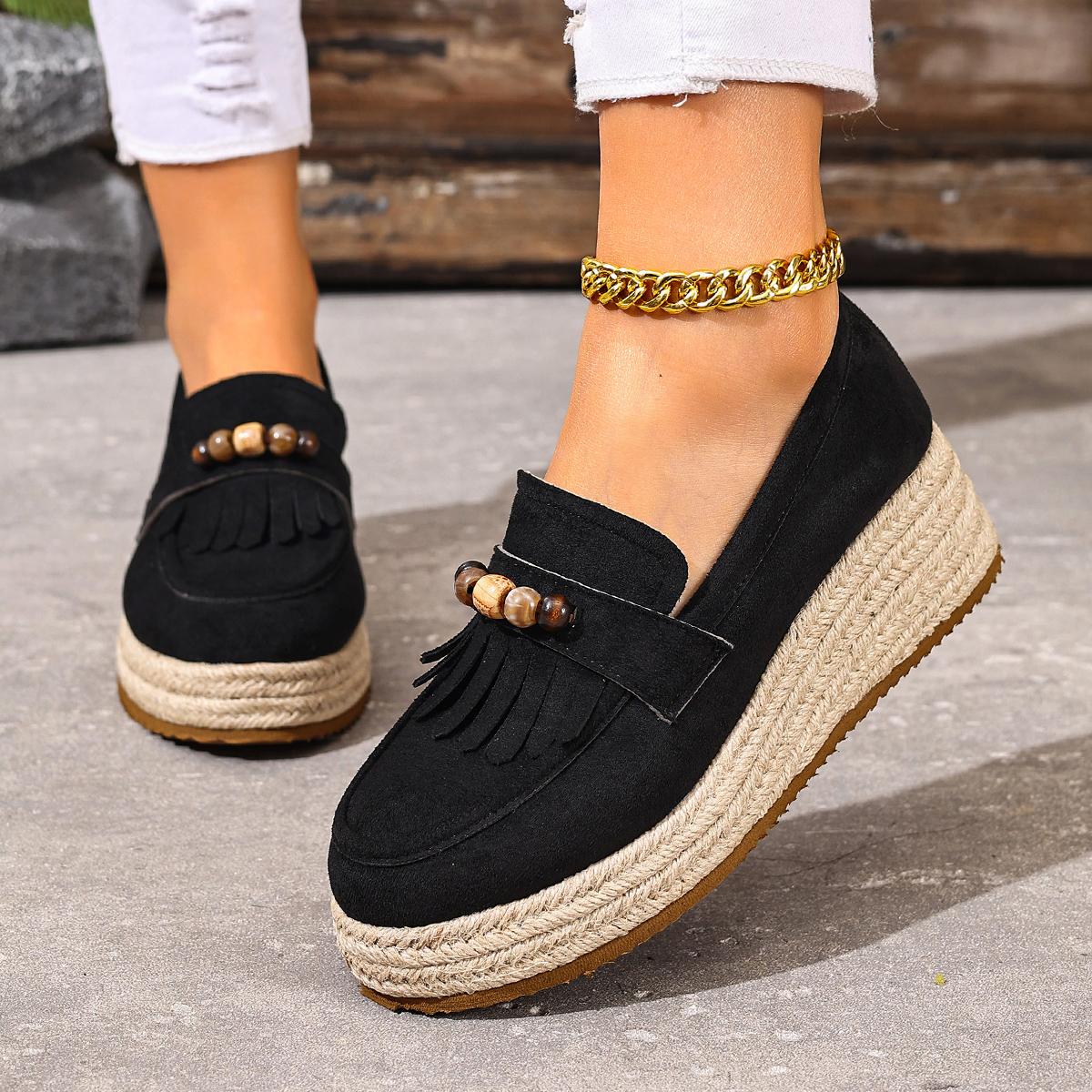 

Богемные лоферы с красочной отделкой из бисера, женские, осенние, удобные, на пеньковой танкетке, модные туфли-лодочки с кисточками, замшевые слипоны 35