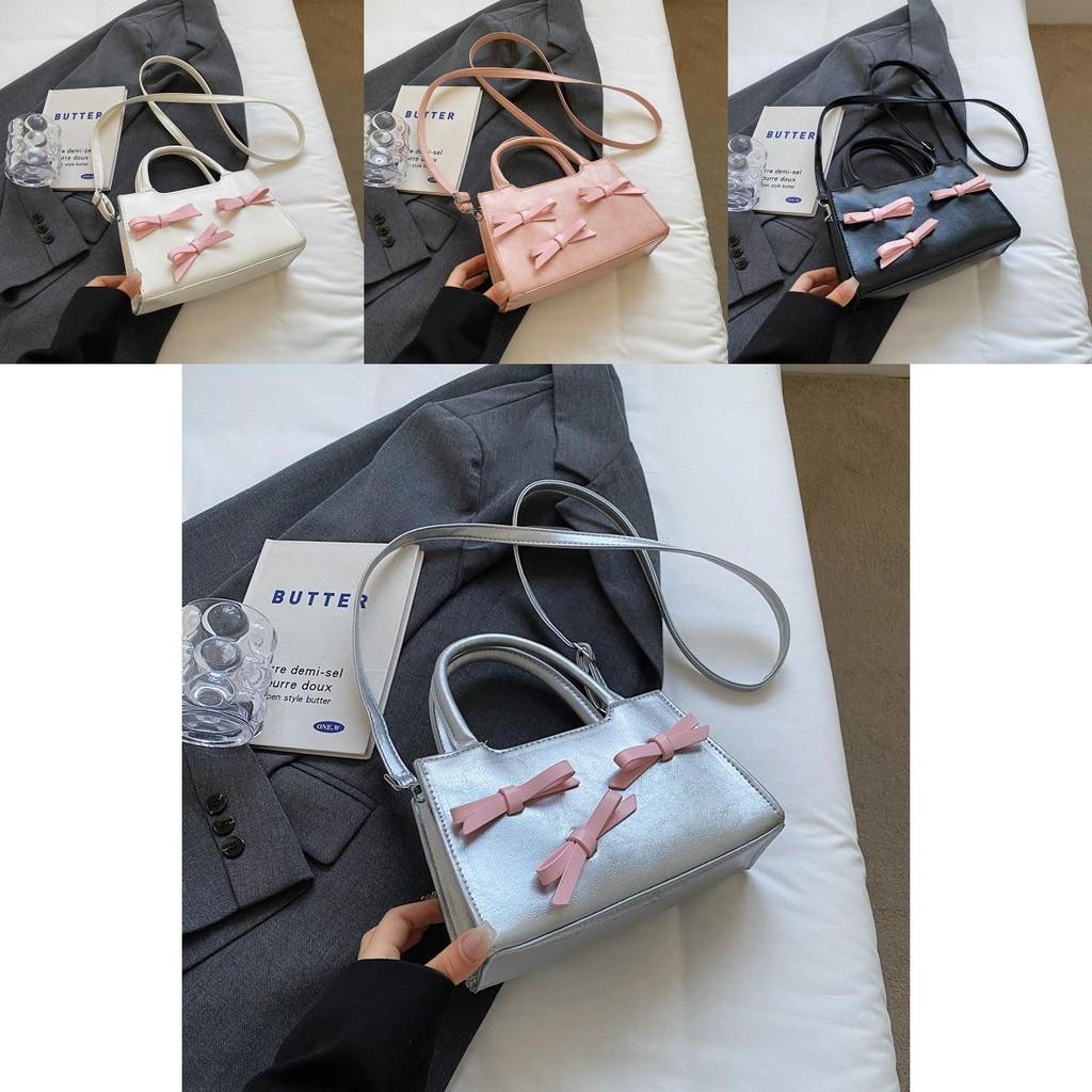 Chic Korean Style Bowknot Crossbody Bag In Black Beige Pink Silver For Women