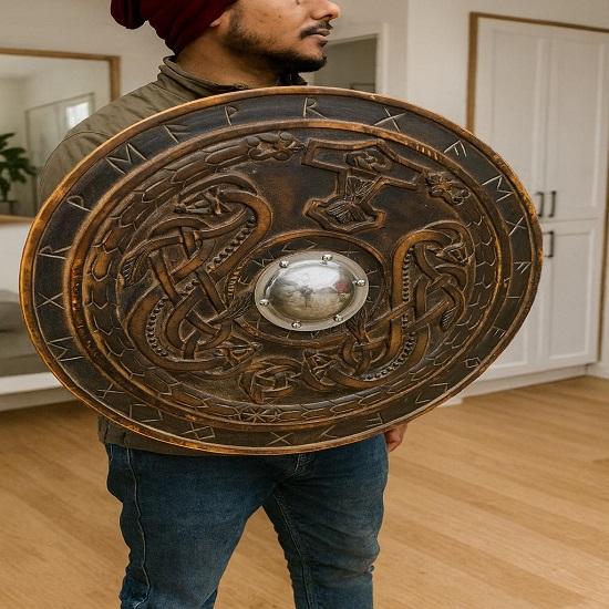 Wooden Viking Shield Wall Hanging Handcrafted Norse Decor, Perfect Gift or Cosplay Prop
