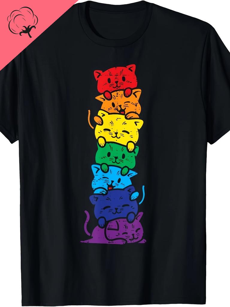 LGBTQ+Pride Rainbow Cat T-shirt 100% Cotton Casual Edition Suitable for Men and Women Animal Enthusiasts Pure Cotton T-shirt