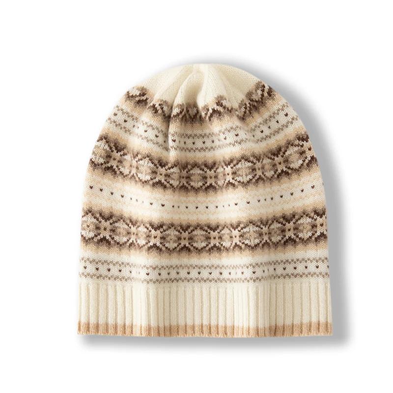 Women 100% Pure Cashmere Beanie Hat Fair Isle Knit Pattern Winter Warm Soft Slouchy Skullies Cap Cold Weather Accessory