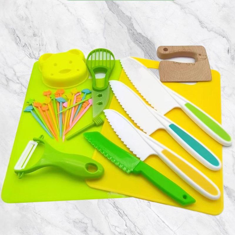 46-Piece Children's Safe Kitchen Set: Plastic Fruit & Vegetable Knives with Embossing Molds and Baby Food Tools. Multiple Styles Available.