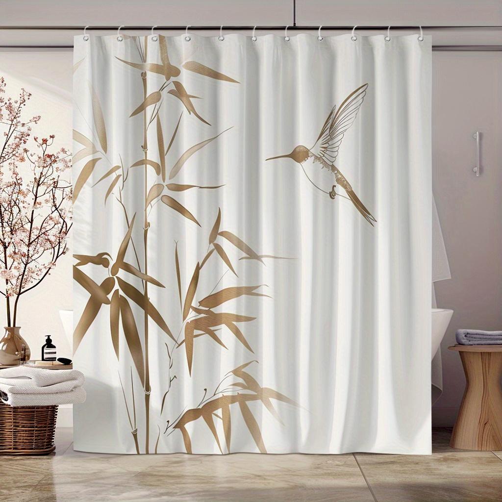 

1Pc Golden Texture Chinoiserie Shower Curtain - Bamboo & Hummingbirds, 12 Hooks, Polyester, Waterproof, 71X71 W60H190(CM)-1 Pcs