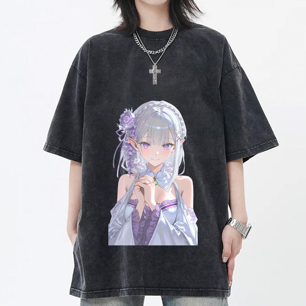 Re ZERO Starting Life In Another World Emilia Printed Tee Men Women Washed Cotton T-shirts Retro T Shirt Harajuku Unisex Tshirt