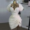 2025 Spring/Summer Sexy V-Neck Puff Sleeve High Waist Slimming Ruched Short Dress for Women