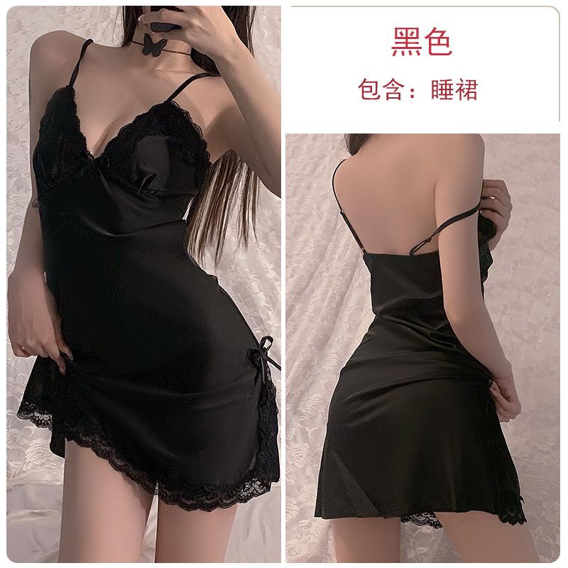 

Sexy deep V plus chest pad satin double split halter suspender nightdress robe loungewear set M