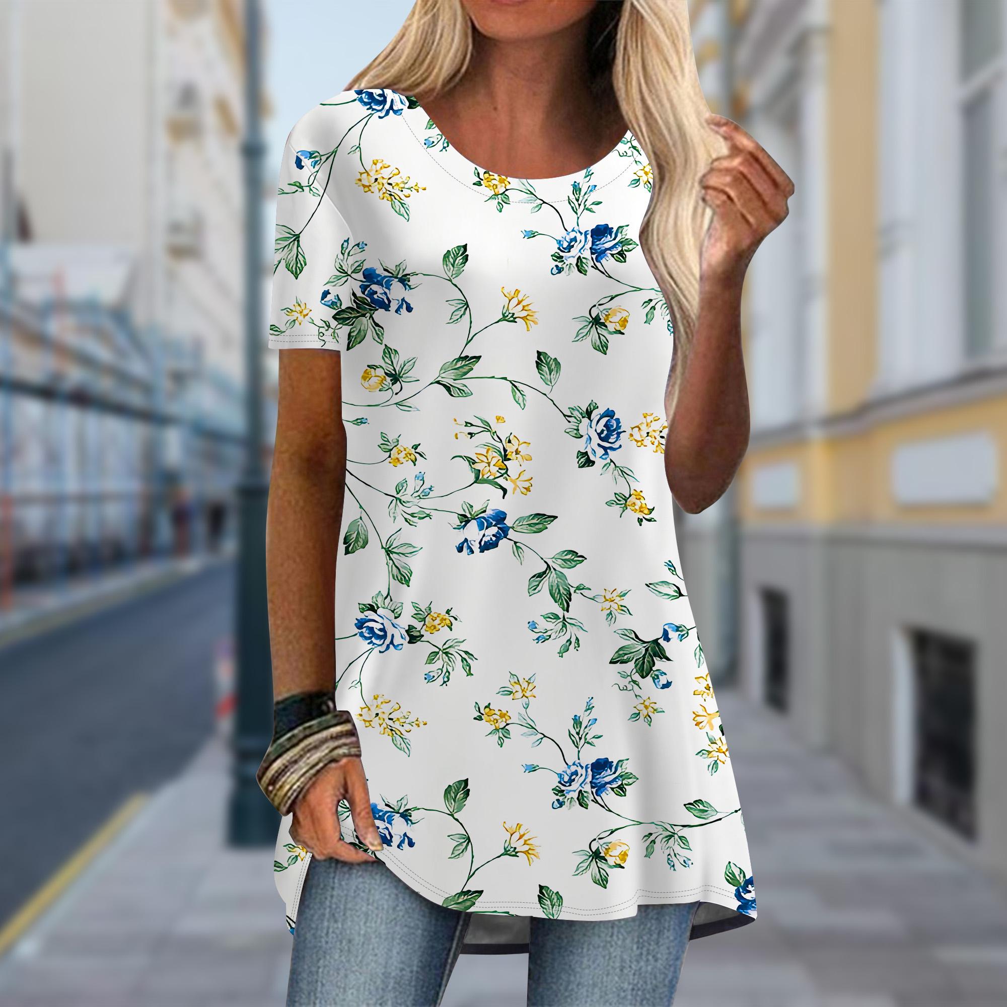 

Плюс размер Женская весенняя футболка с принтом «Маленькая роза», удобная, с коротким рукавом и круглым воротником, повседневные мешковатые футболки средней длины 8XL синий