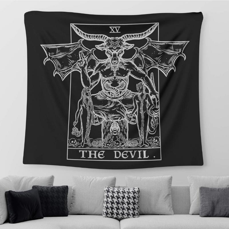 Spooky Devil Tarot Tapestry, Whimsical Black Background With White Devil Tarot Card Design For Cozy Occult Home Decor 70x100CM