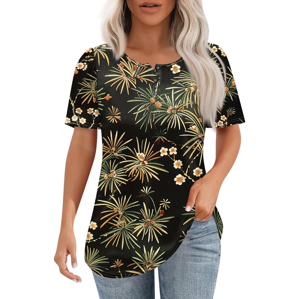 Damen Pullover mit Rundhalsausschnitt, modisch und lässig, kurzärmelig, Knopfleiste, Blumendruck