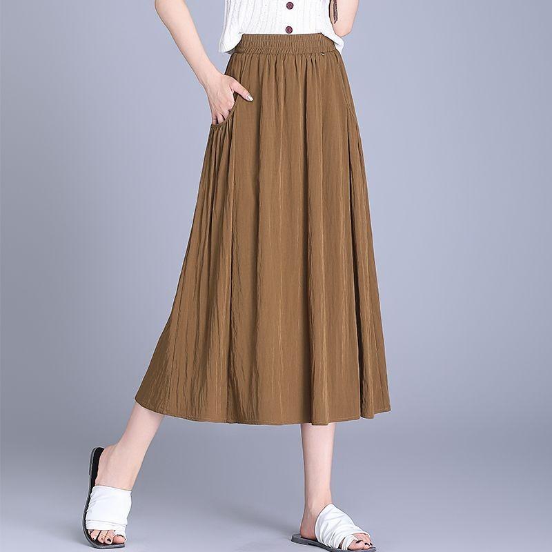 Women's Casual Black Elastic Waist A Line Midi Skirt With Pockets