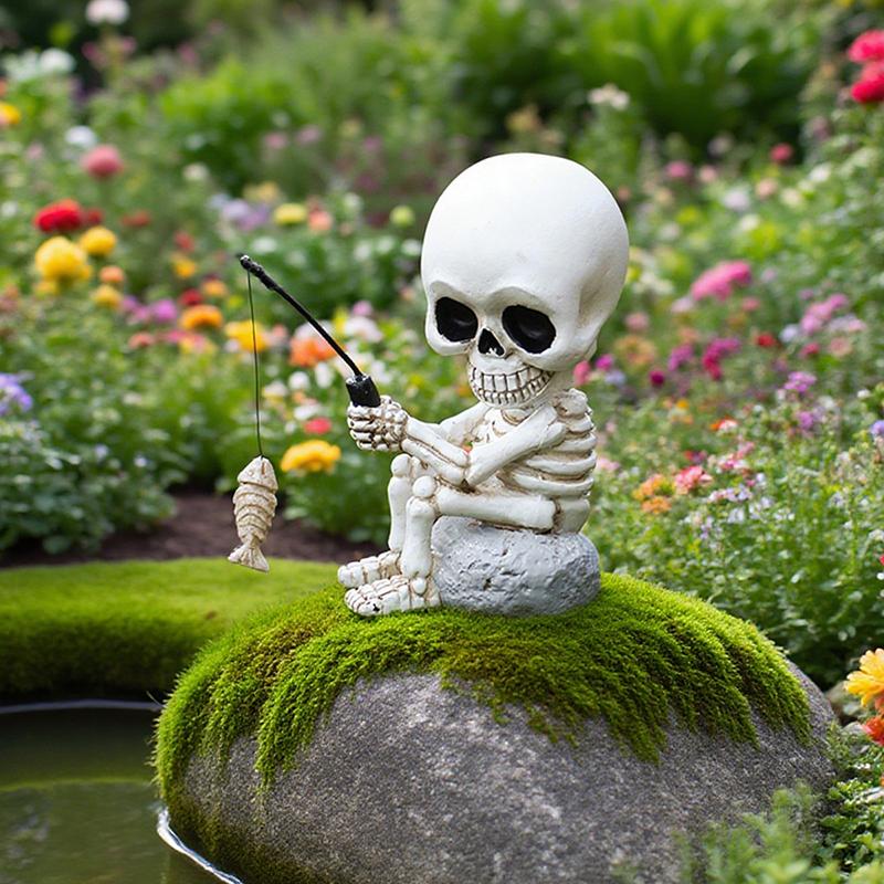 Fishing Skeleton Statue Halloween Decorations, Cute Sitting Skull Figurine Shelf Sitter Resin Sculpture For Outdoor Garden Yard