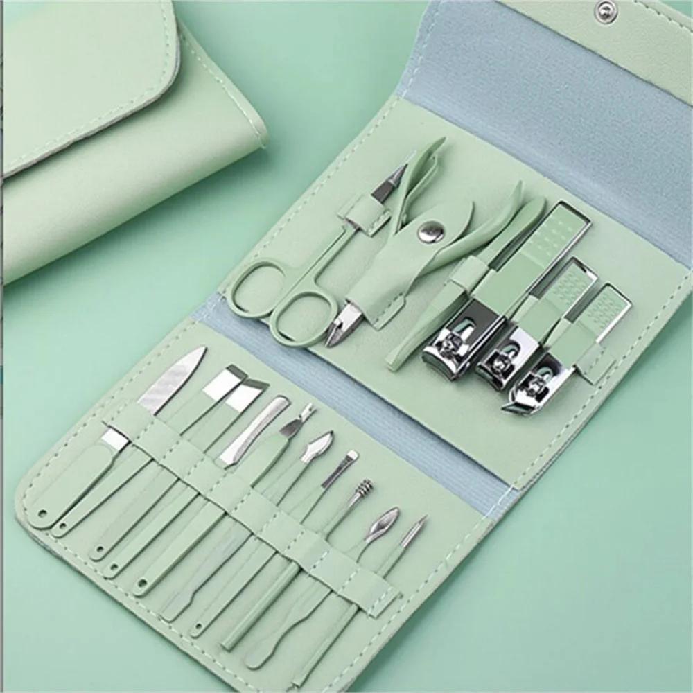 16Pcs Portable Manicure Sets Stainless Steel Nail Clipper Set Grooming Tool Set Portable Case Manicure Art Tool Green Nails Cut