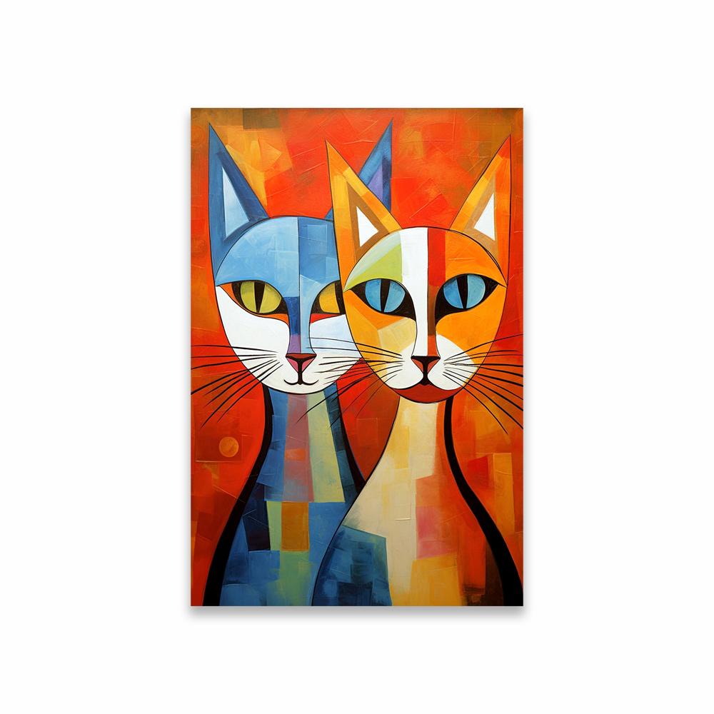 Cool Cats Canvas Painting Colorful Graffiti Mid-Century Modern Cat Wall Art Poster Decor Abstract Blue And Yellow Cat Room Decor