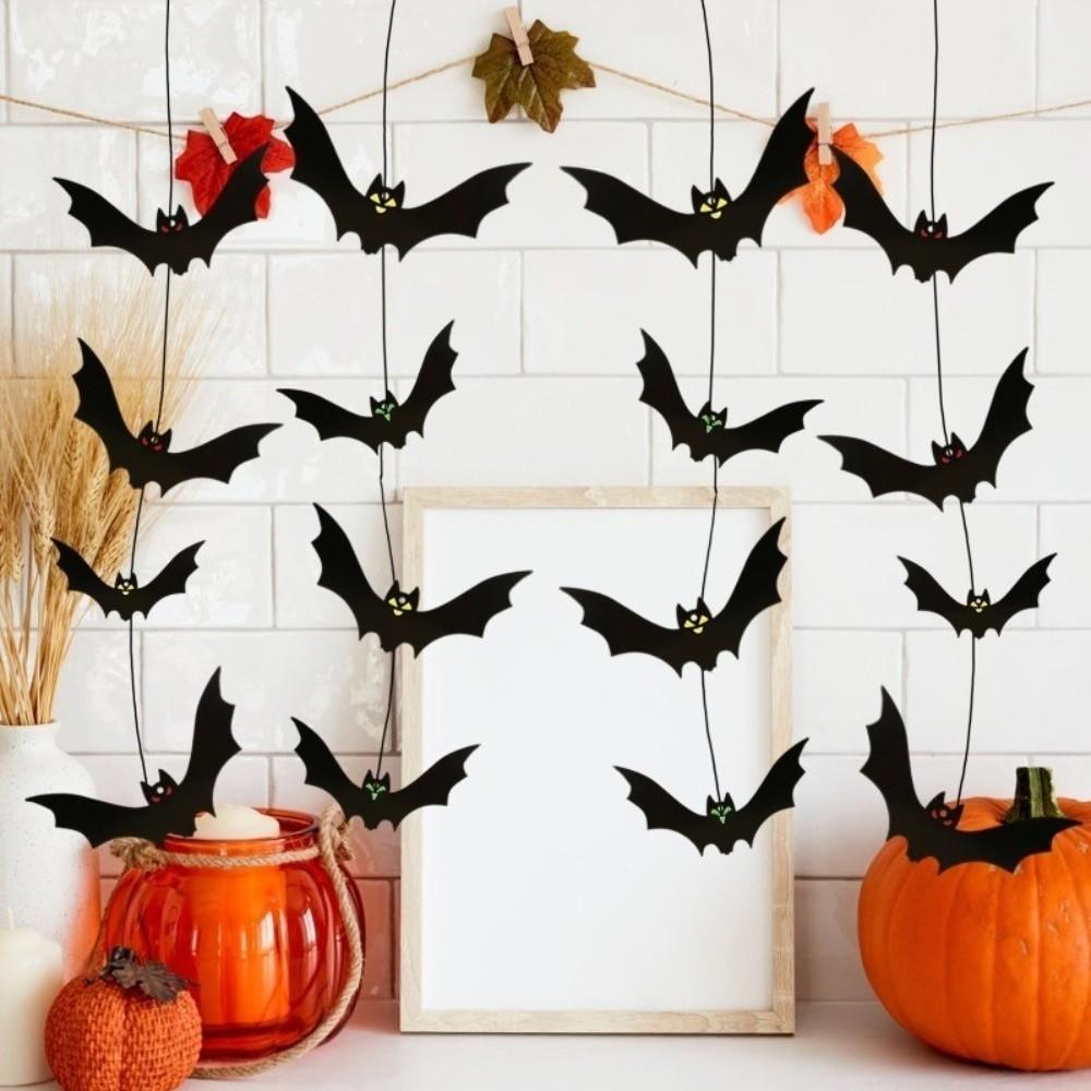 18Pcs Black Halloween Bat Flag with Eyes with Ribbon Simulation Bat Pendant Horror Props Hanging Ornaments Bat Decorations